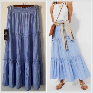 NEW Tuckernuck Prado Skirt Cornflower Blue Stripe Maxi Skirt Tiered Ruffle Small